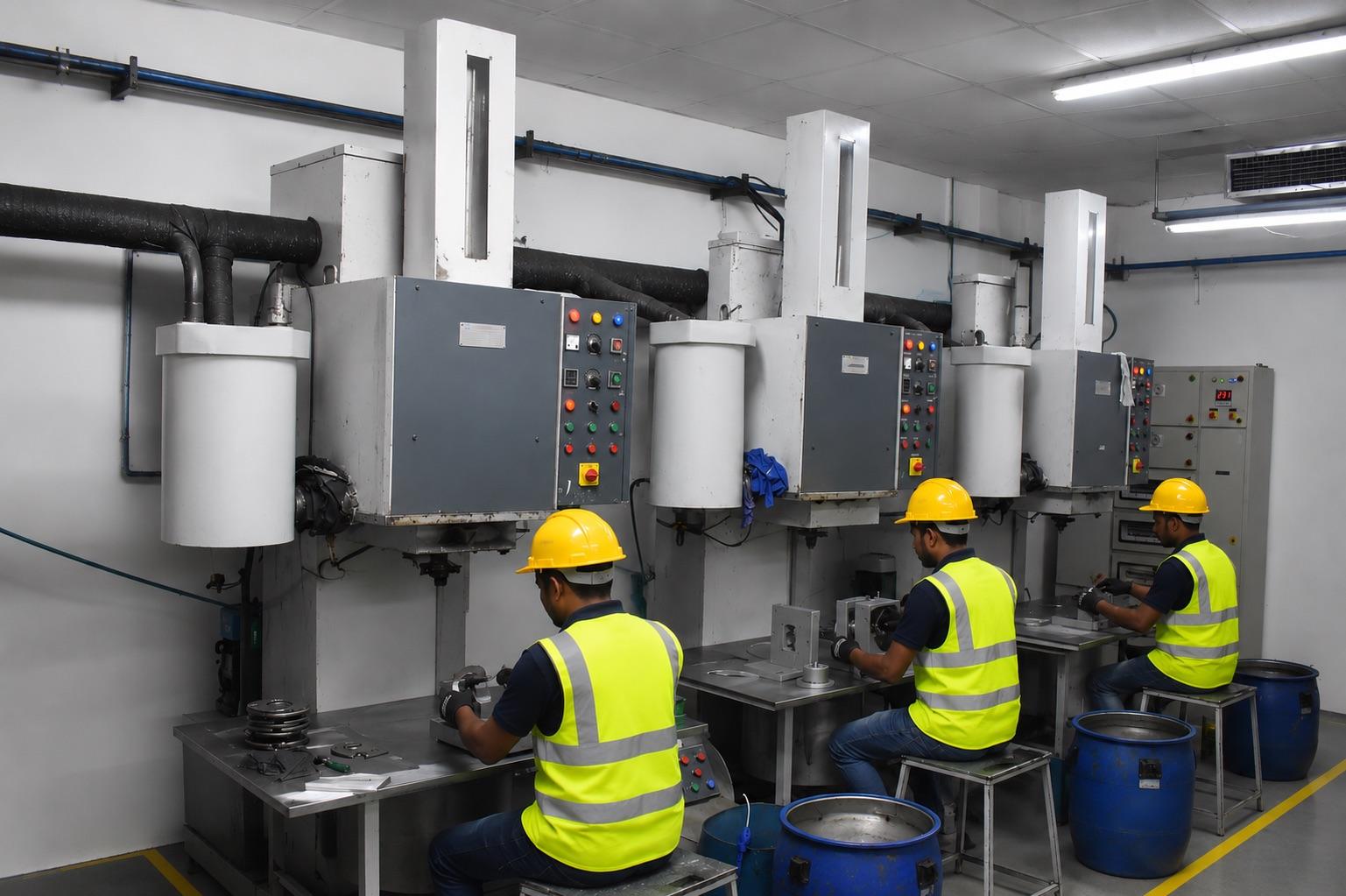 Foundry facility interior with industrial casting setup