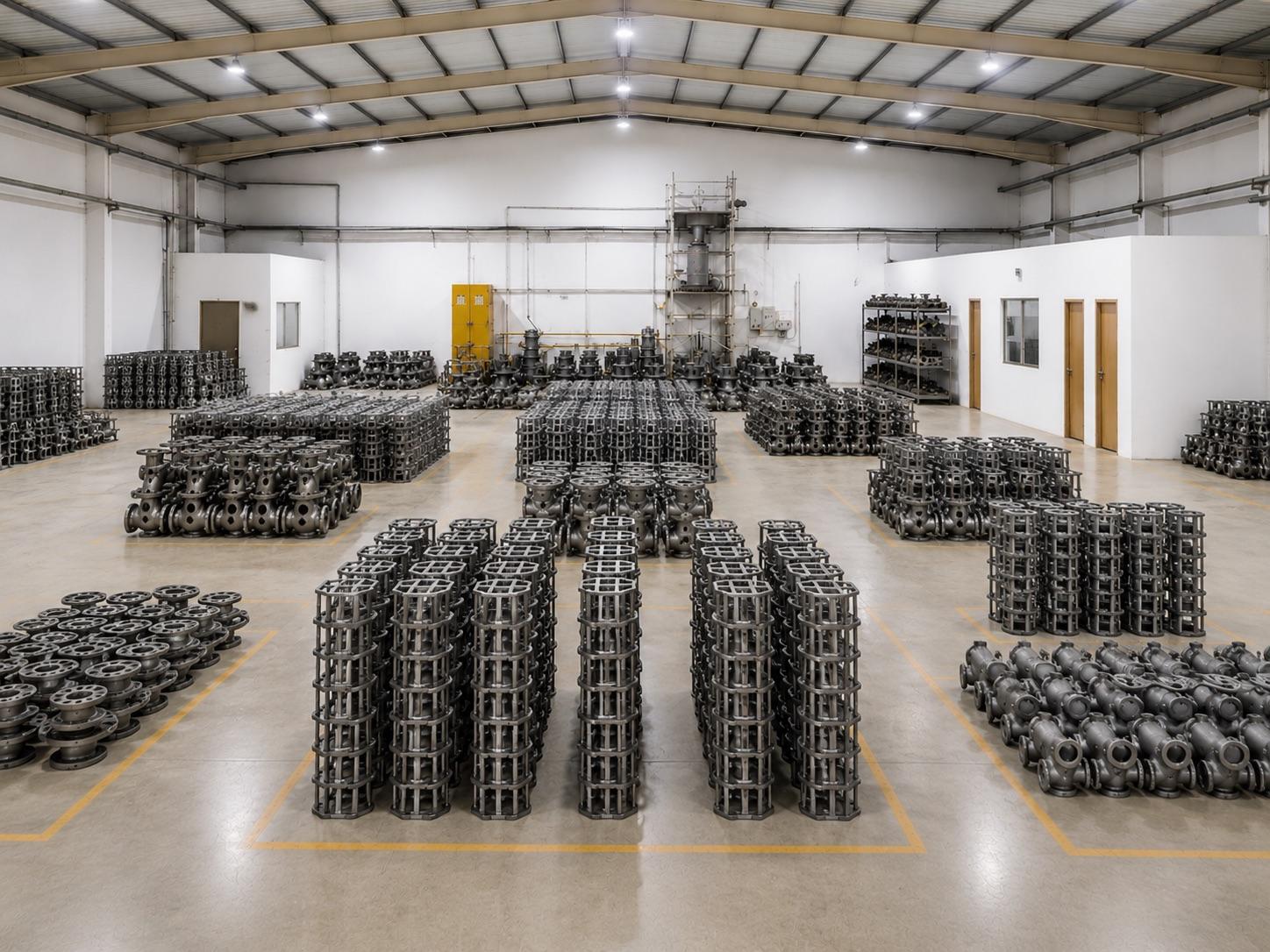 Finished precision & investment castings organized inside the Steelage Technocast manufacturing facility