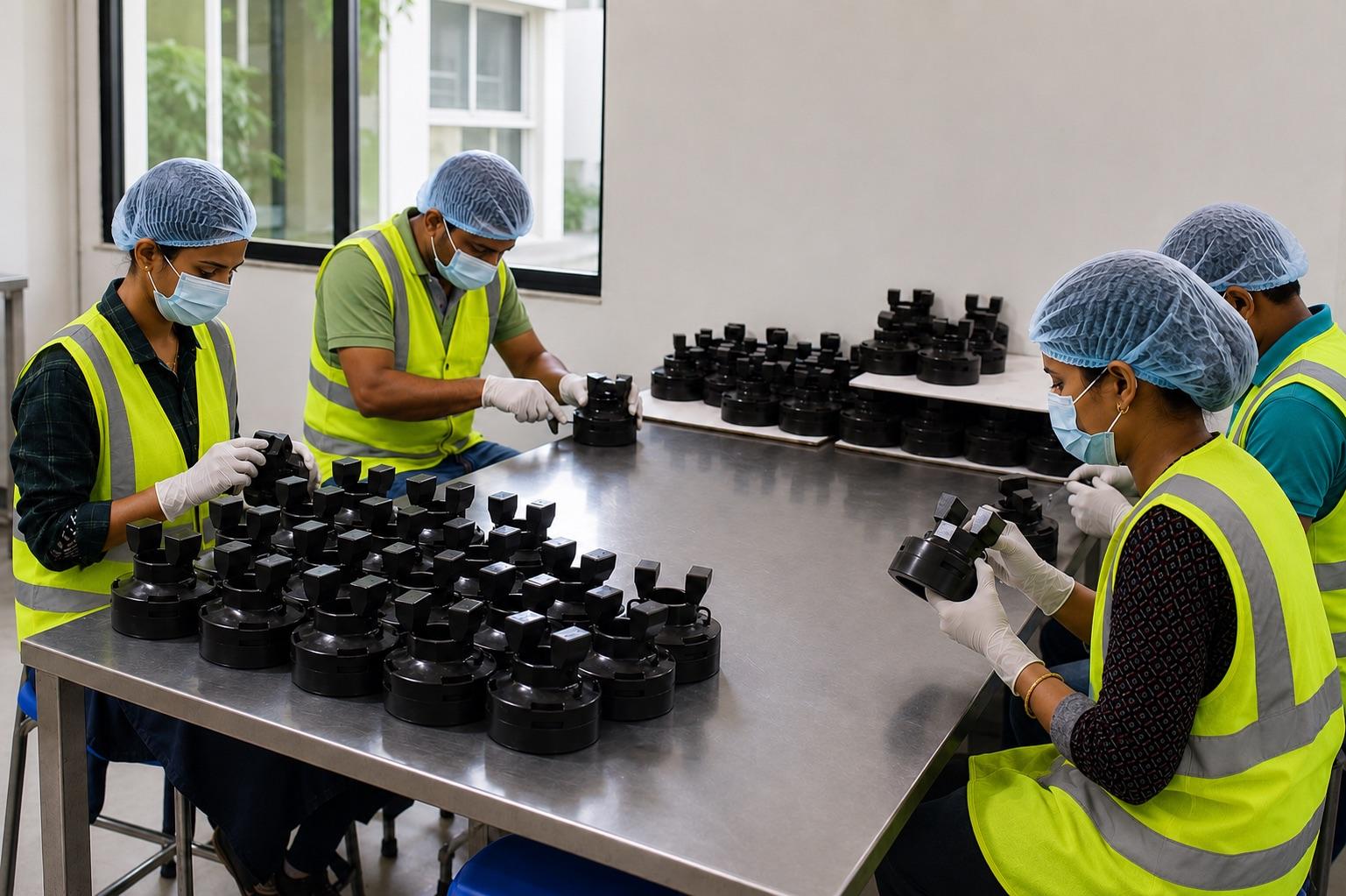 Quality inspection team examining precision cast components at Steelage Technocast