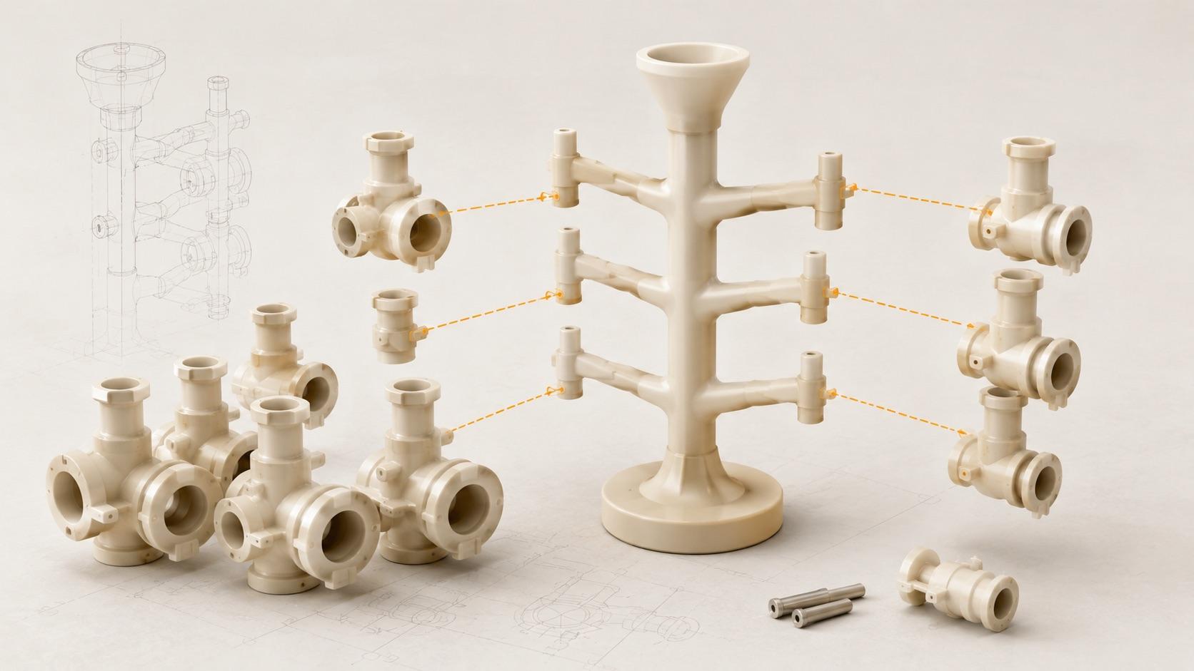 Wax patterns assembled onto a central sprue to form an investment casting tree