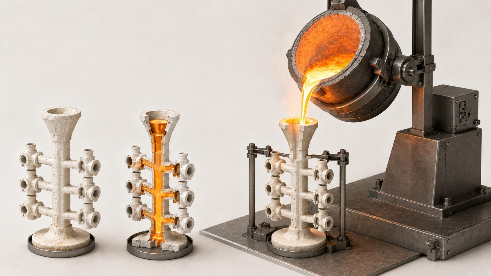 Molten metal being poured into a preheated ceramic investment casting shell