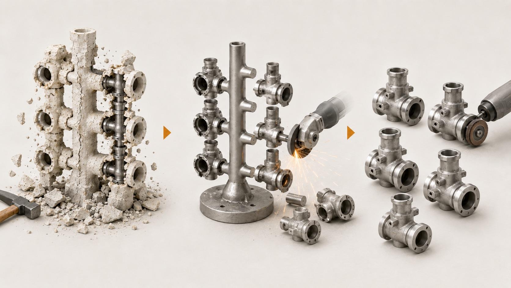 Investment castings undergoing ceramic shell removal, cutting and finishing operations