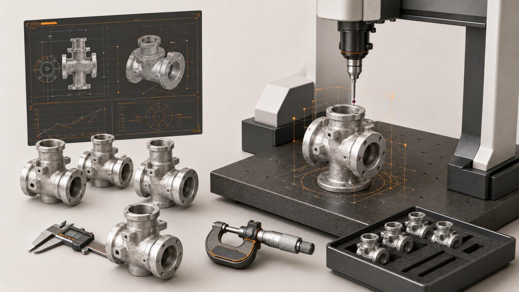 Finished precision & investment casting undergoing dimensional inspection and quality control